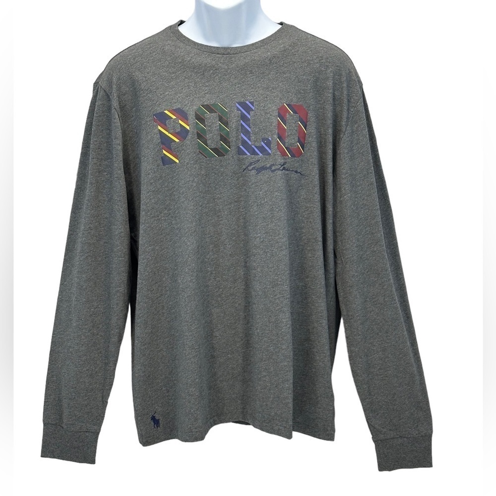 Polo Ralph Lauren Long Sleeve Crew Neck Polo Striped Logo Tee Shirt - Grey